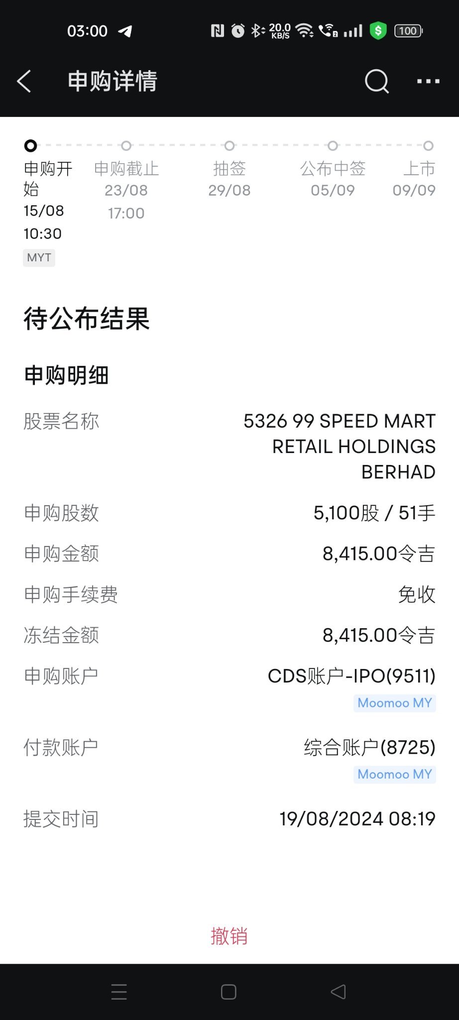 $99SMART (5326.MY)$ IPO抽了多次都没有中过，这次扣除了大机构+员工+Bumi 的份额给到散户的很小，但还是希望能抽中。 上市凑钱还贷款少了付利息的费用，承诺利润50%发股息，希望能发展出稳定的股息股。