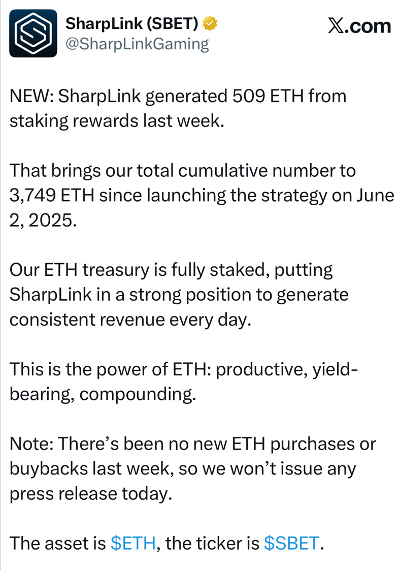$SharpLink Gaming (SBET.US)$I obtained 509 through staking last week??  509 x 4000 = 2 million income? This is just a week. 😕