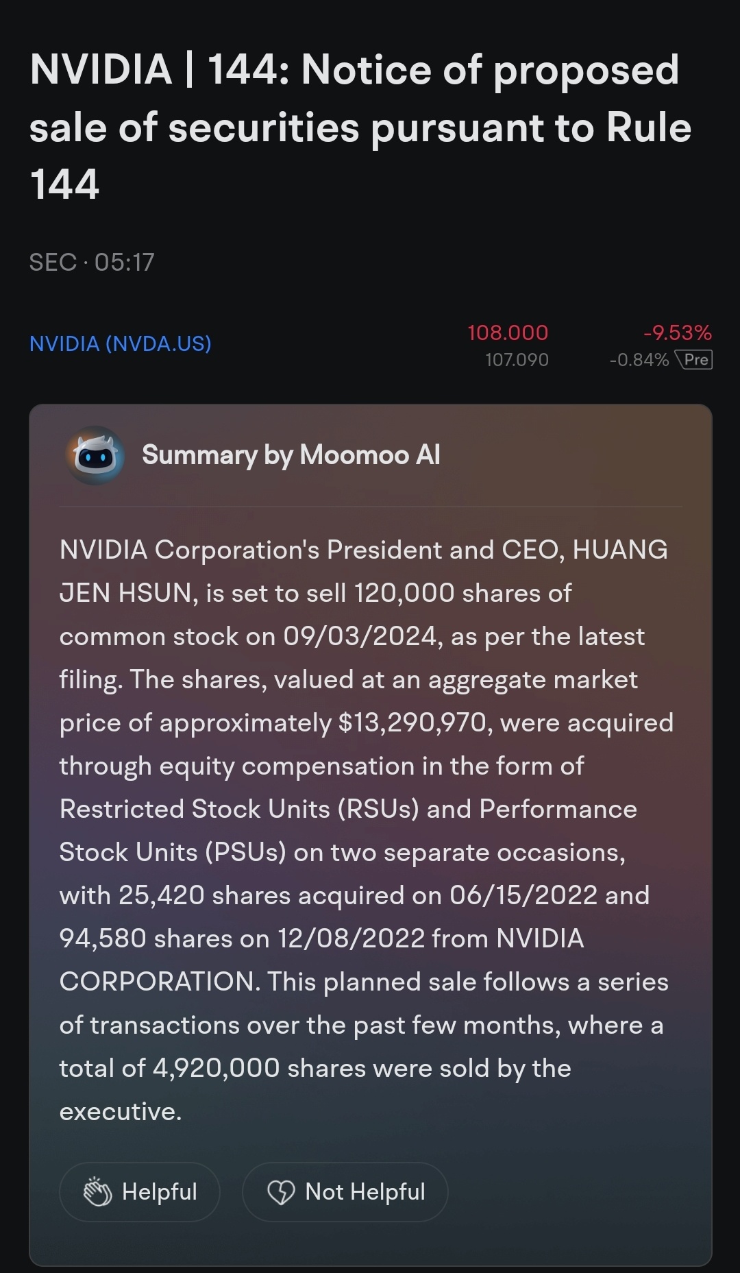 $NVIDIA (NVDA.US)$ boss Jensen is selling [Grimace]