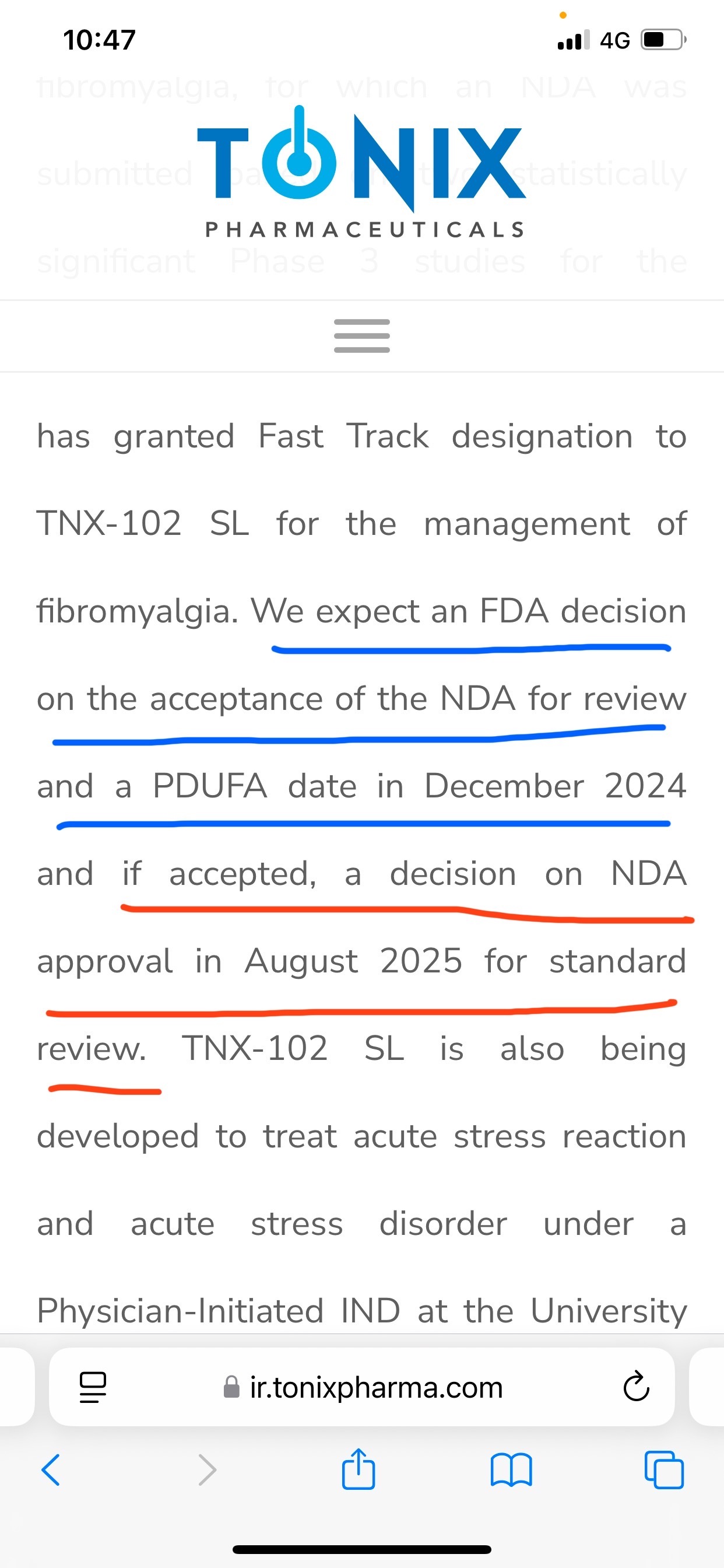 $Tonix Pharmaceuticals (TNXP.US)$ 2024年12月中旬接受NDA審查。2025年8月做出NDA批准決定。美國食品藥品監督管理局肯定會接受NDA審查。所以沒有等待的消息。