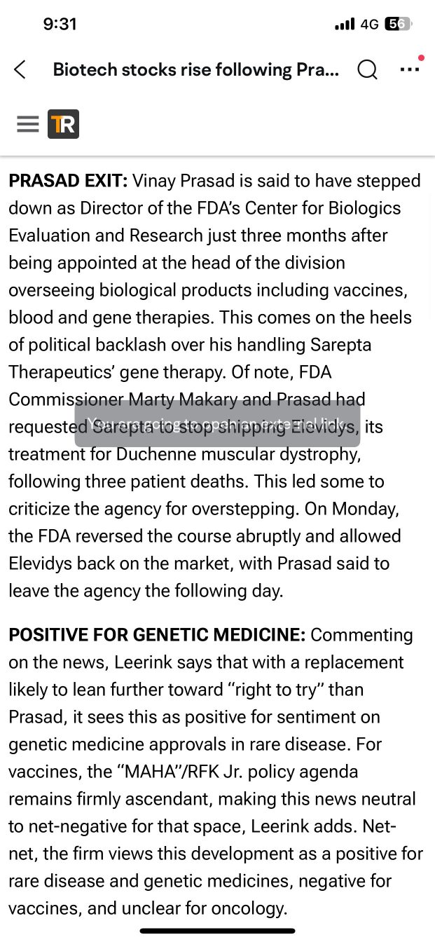 Prasad, FDA Chief Medical Officer just stepped down. Good News?