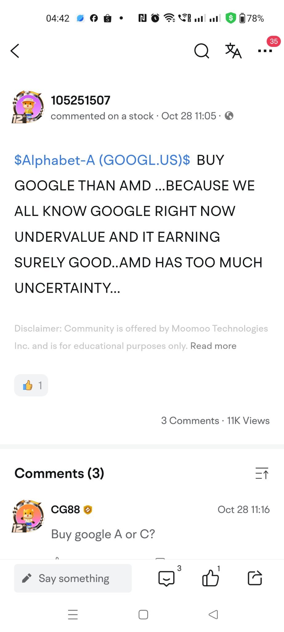 $NVIDIA (NVDA.US)$ I TOLD U ALL FEW DAYS LATER TO BUY GOOGLE THAN AMD..WHO LISTEN TO ME MUST BE SMILING RIGHT NOW