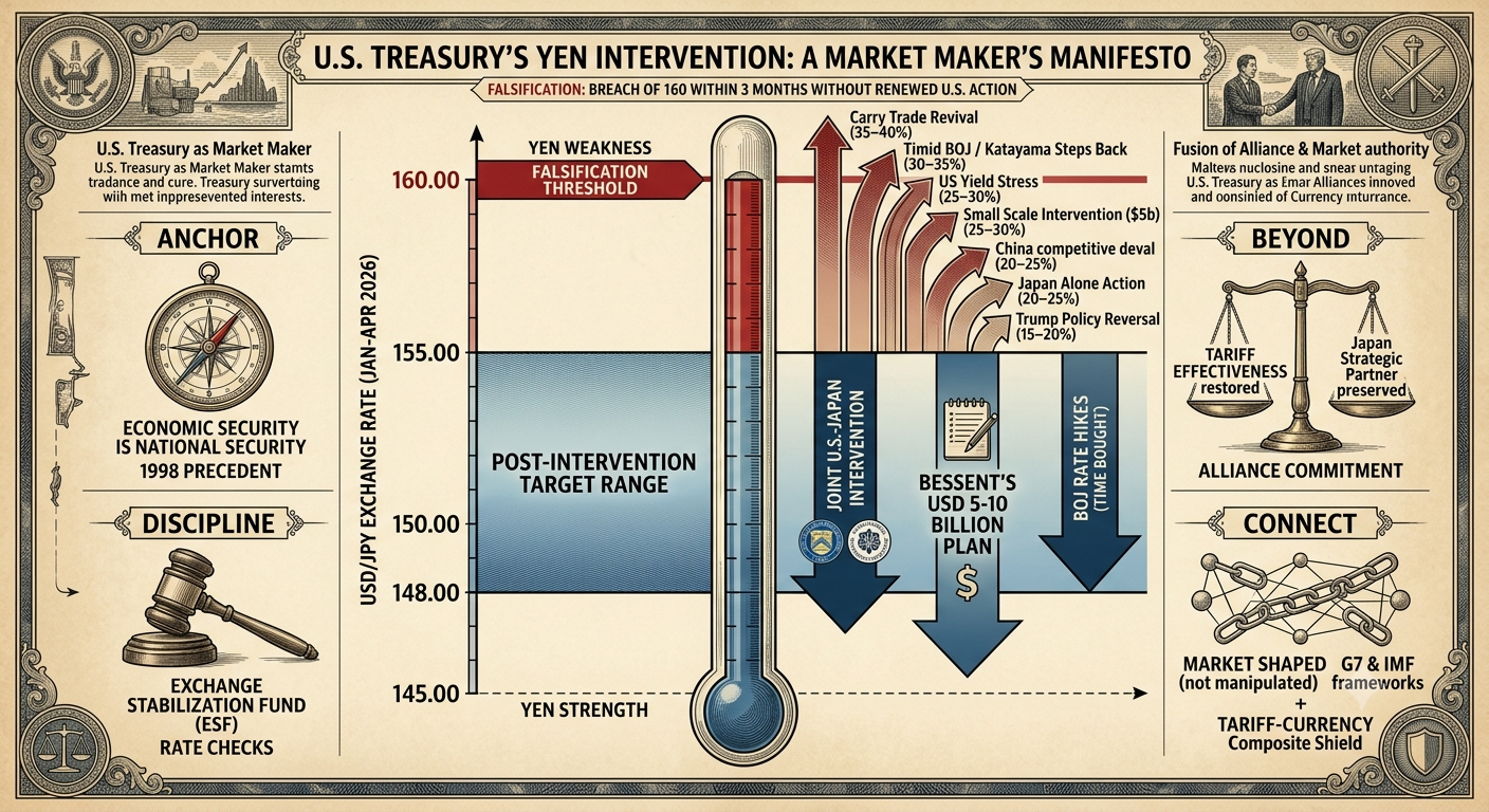 US Treasury Joint Yen Intervention — Jan 2026 — First Since 1998.  Most see it as Japan buying yen. Wrong. This time US Treasury bought yen itself — first joint US-Japan yen-buying since 1998.  Context: Yen hit near 40-year low vs dollar, one-sided depreciation Jan 9. Treasury Secretary Scott Bessent said yen "seems very undervalued to me", "substantially overshot equilibrium price", "excess volatility isn't healthy." Not...