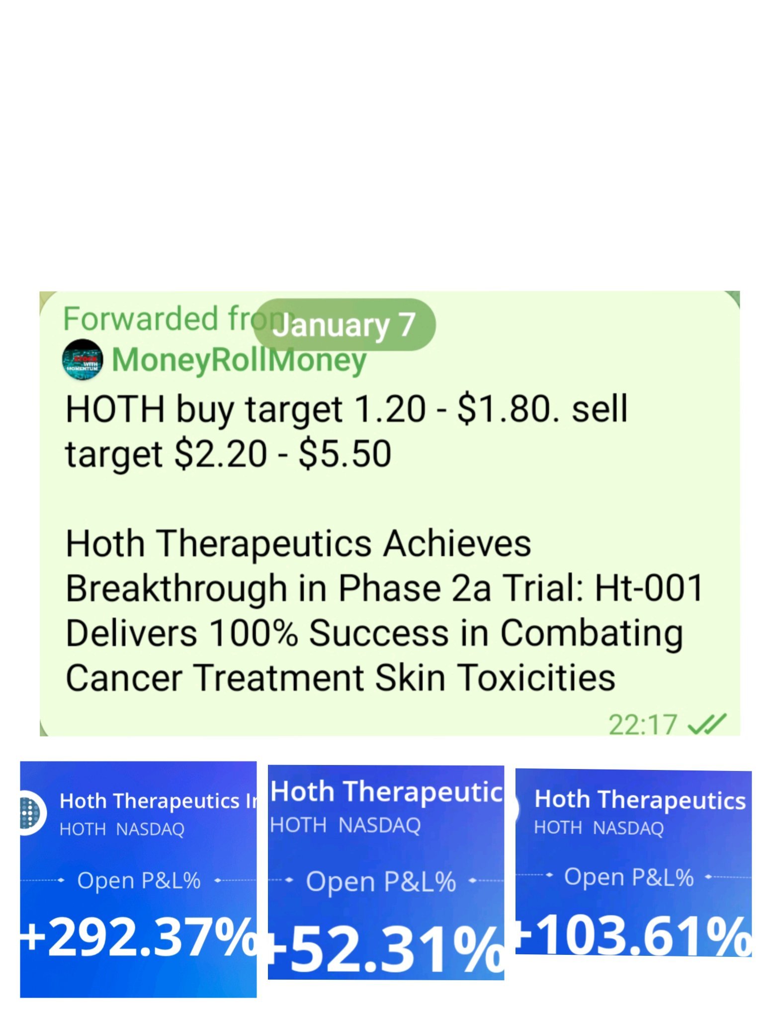 $Hoth Therapeutics (HOTH.US)$ 祝賀那些在盤前買入並進行日內交易獲利的交易者。   今天勢能波動交易 $MultiSensor AI (MSAI.US)$$Aurora Innovation (AUR.US)$  跟着我，跟隨勢頭