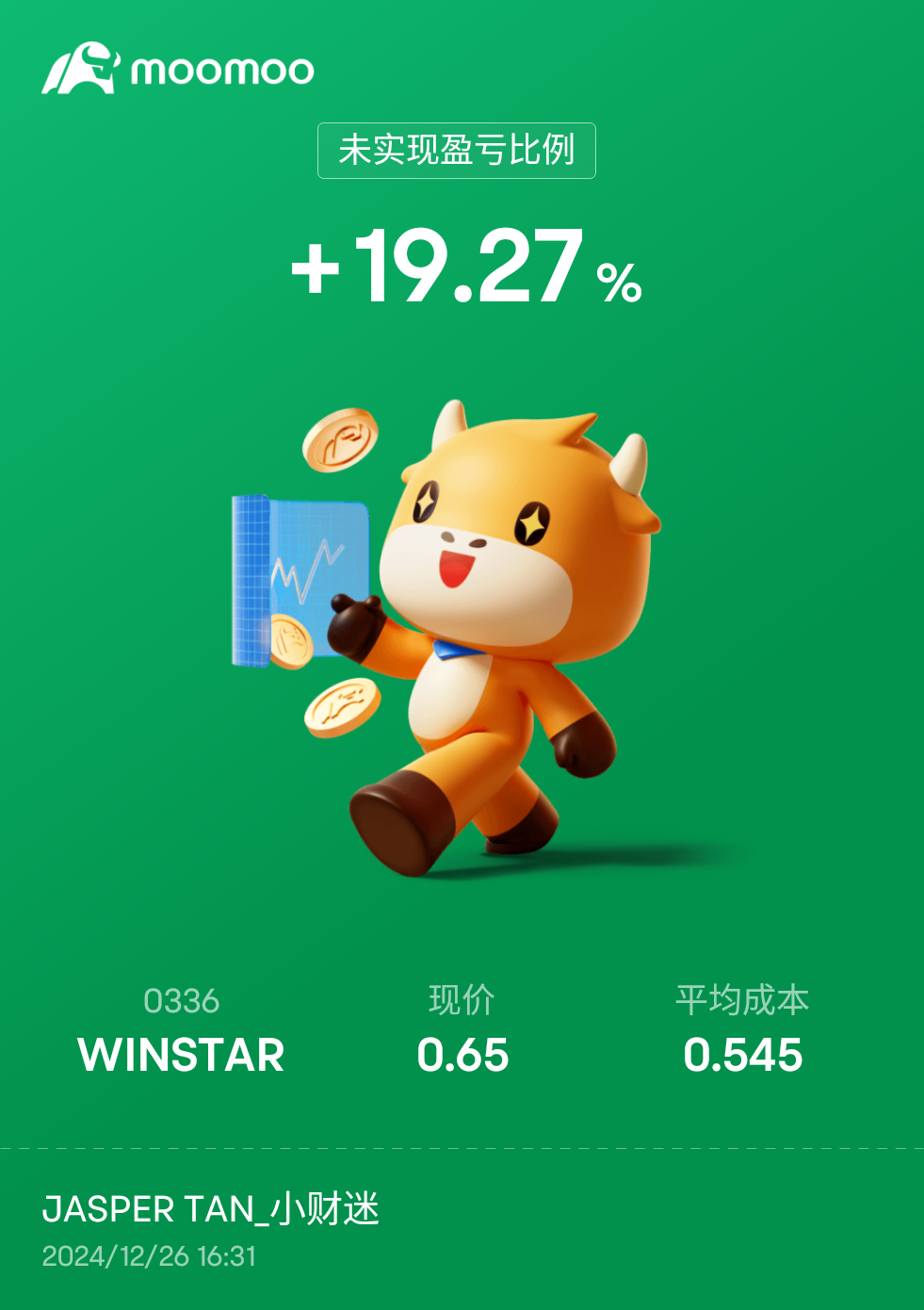 $WINSTAR (0336.MY)$ 明年1月+2k 进来，希望那时还没有 0.8 吧！[憨笑] 这个月接近尾声了[害羞]