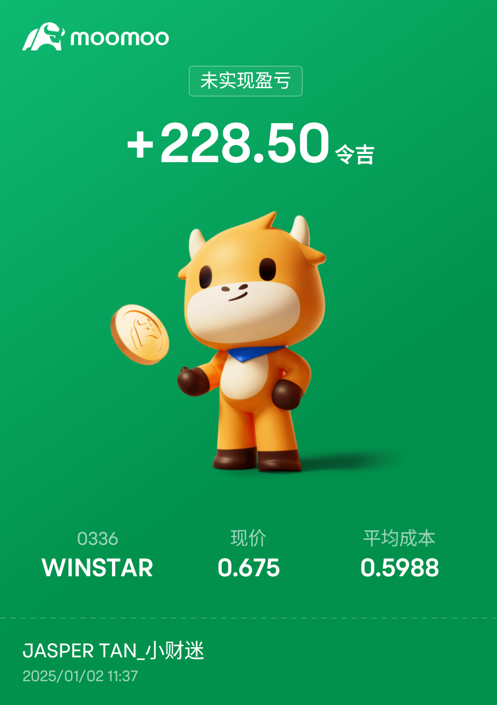 $WINSTAR (0336.MY)$ 那天笑我 0.64 入场的朋友，现在是不是涨了，到目前为止还没有亏损[色]