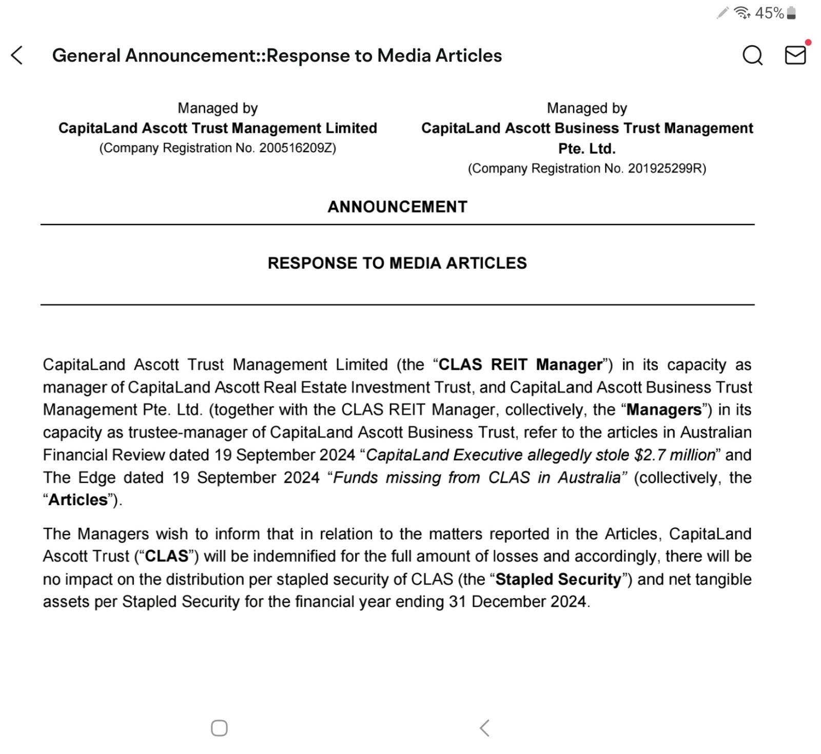 $凯德雅诗阁信托 (HMN.SG)$ 我想知道今天的回调是否与这个新闻有关