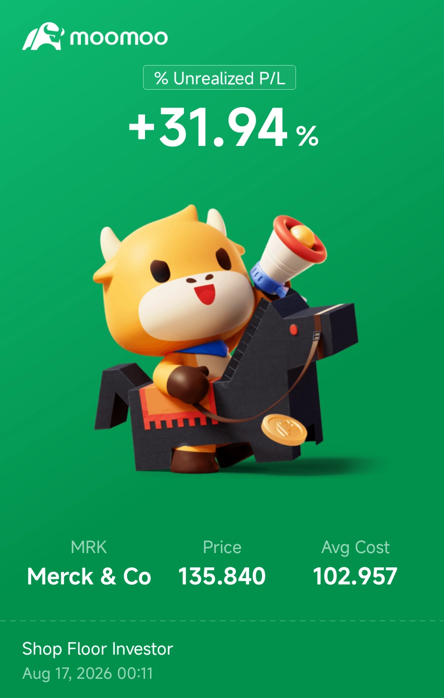 หุ้นตัวที่สามใน Earnings Season P/L Challenge ของผมคือ Merck & Co. (MRK) ครับ (อย่าสับสนกับ Merck Group นะครับ เพราะเป็นคนละบริษัทกันเลย) ตอนนี้พอร์ต MRK ของผมกำไรอยู่ที่ +31.94% โดยมีทุนเฉลี่ยที่ $102.957 และราคาปัจจุบันอยู่ที่ $135.840 กำไรตัวนี้สูงกว่า LLY ของผม แต่เป็นเพราะผมถือตัวนี้มานานกว่าครับ ประวัติการเทรดจริงของผม พ.ย. 2025: ซื้อ 26 หุ้น ที่ราคา $95.82 เม.ย. 20...