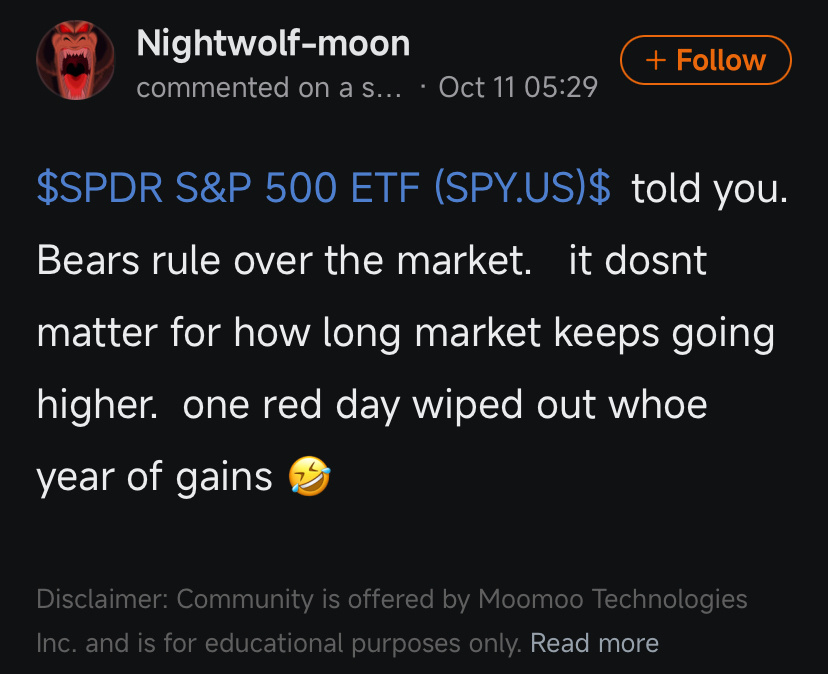 $SPDR S&P 500 ETF (SPY.US)$  😂 one red day and bears thought they are the king of the jungle