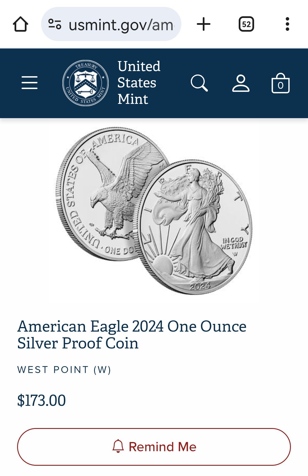 169米ドル - - 米国造幣局がシルバーイーグルの価格を改定 $i