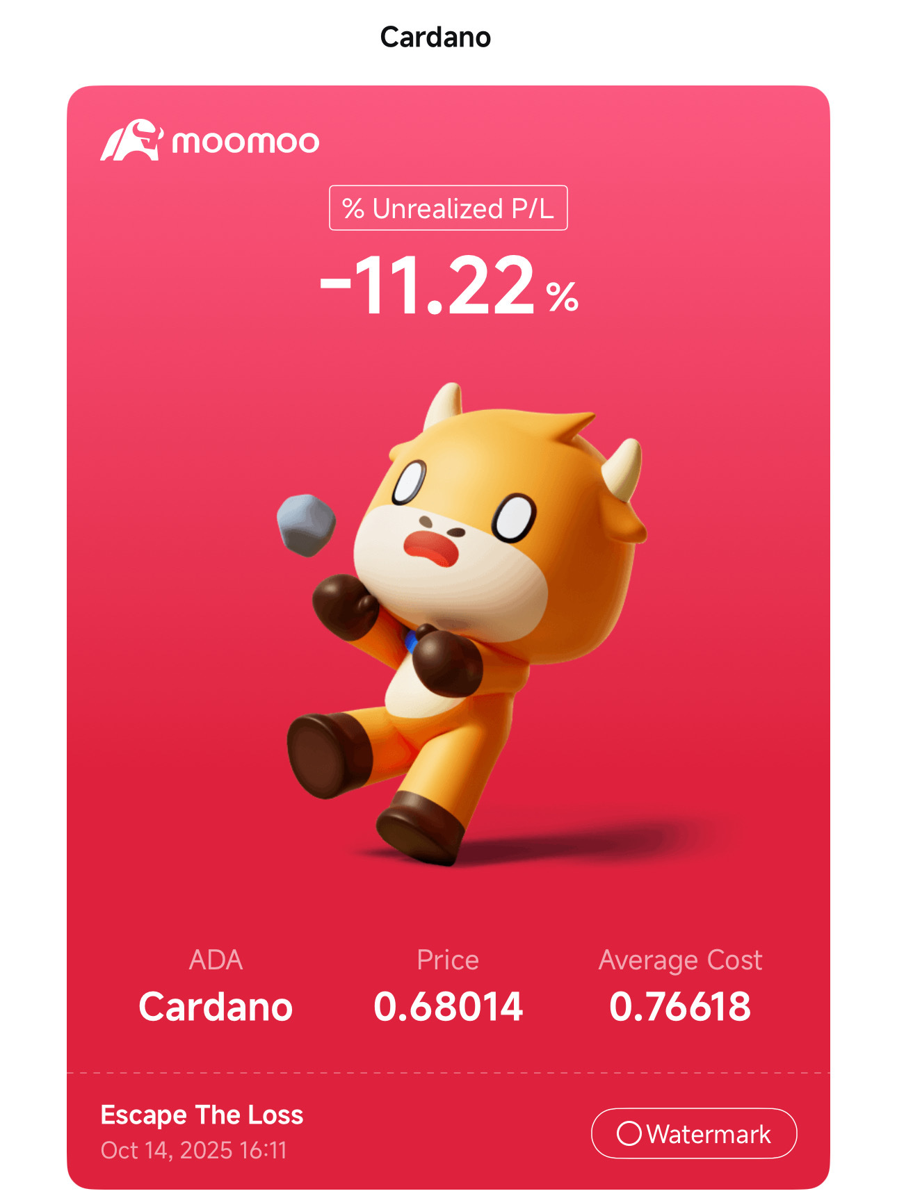 $艾達幣 (ADA.CC)$   好的，兄弟！我在0.766止損了。 從0.68開始，如果再下跌5到6%，就再次全倉進場，kaka。 [壞笑][壞笑][壞笑]