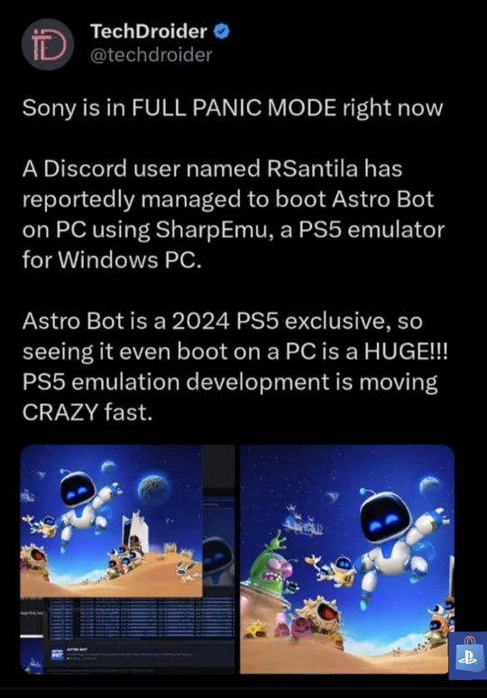 Discord user RSantila reportedly booted 2024 PS5 exclusive Astro Bot on PC using experimental emulator SharpEmu, a major early milestone for PS5 emulation¹