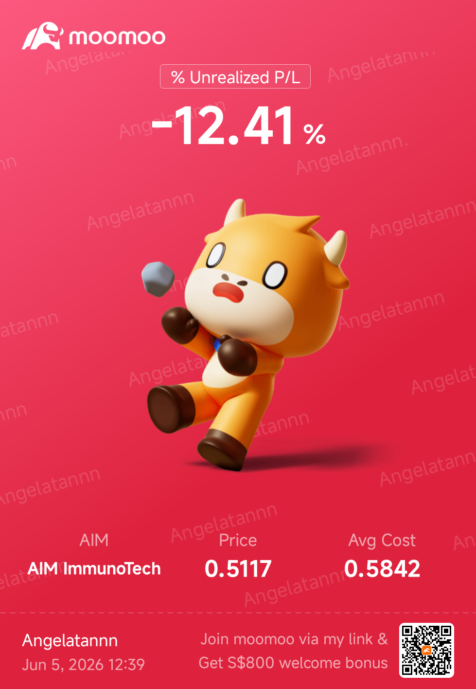 $AIM ImmunoTech (AIM.US)$ 有時真想平倉了事，但那樣肯定就虧定了。看起來快回本了，但我已經好幾周沒看到帳戶變紅（盈利）了。如果我不賣，它可能會一路跌到20美分……