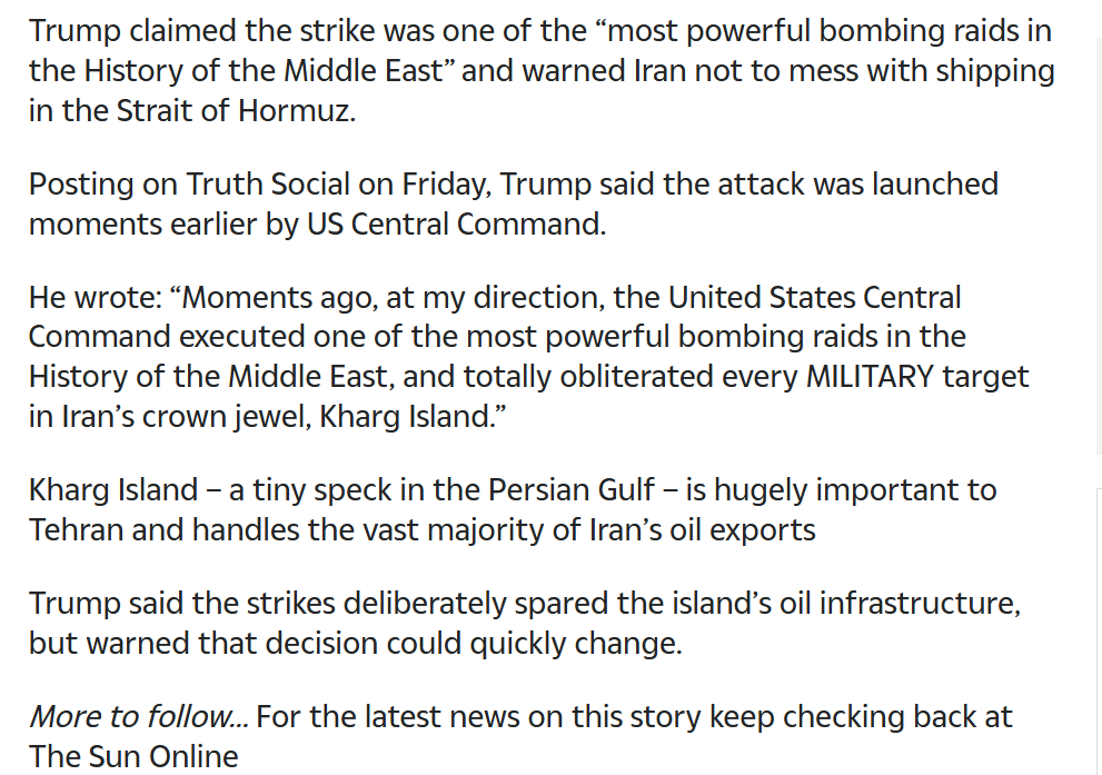 $XAG/USD (XAGUSD.FX)$$XAU/USD (XAUUSD.CFD)$ Crazy TACO just upped the ante, and went to attack Kharg Island, a terminus where 90% of Iranian oil is exported out. So much for his claims of them surrendering soon. Markets now red after a fake initial pump. Another interesting article here about how come gold and silver didn't rise exponentially 2 weeks into this Iran conflict.