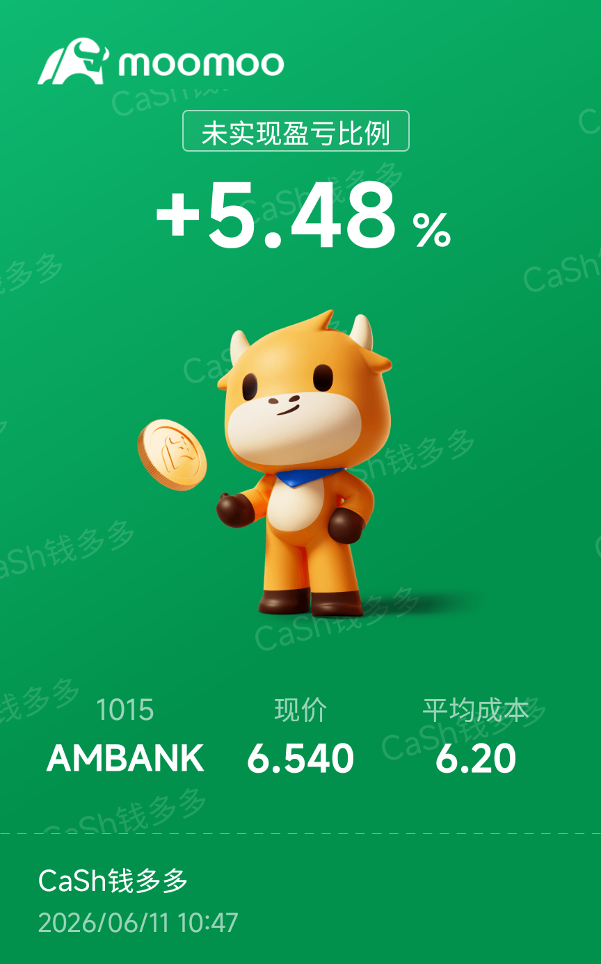 $AMBANK (1015.MY)$ While many were chasing MBB, PBB, and CIMB, I don’t know why I ended up choosing you—but thankfully, you haven’t let me down 😄 Keep it up!