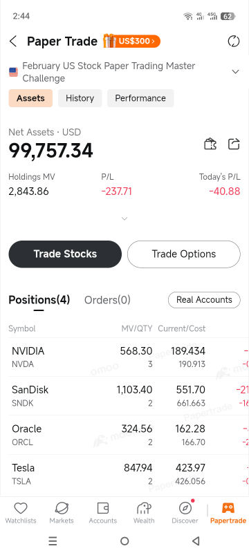 Paper trading in the US stock market for February