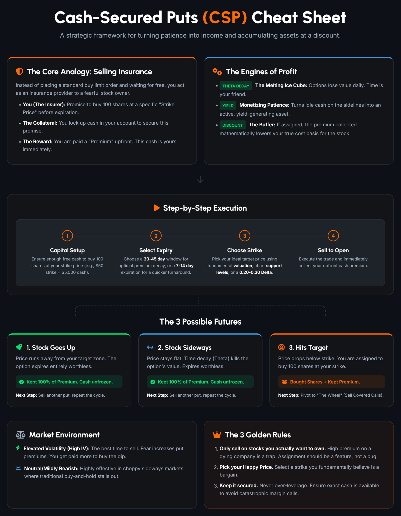 We just finished Chapter 4 of our Option Playbook Series.   We discussed how to use Cash-Secured Puts to understand how to build a portfolio. If you missed the live session, you can watch the replay here: 👉 [Share Link: Get Paid to Buy: Turning Patience into Income] To help you with your studies, I have created this Cheat Sheet. The purpose of this guide is to: Help you remember the step-by-step strategy. Keep the "Golden Rules" clear so you can avoid common mistakes. Giv...