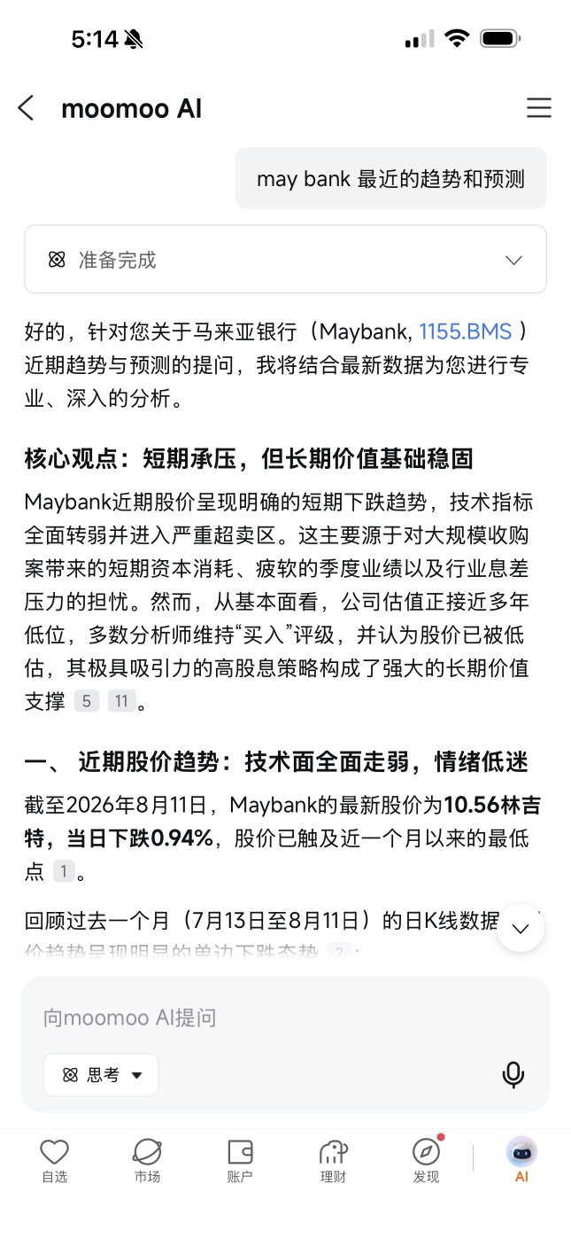 Maybank 跌至近一個月新低是機會還是風險？用 moomoo AI 拆解馬股龍頭趨勢！
