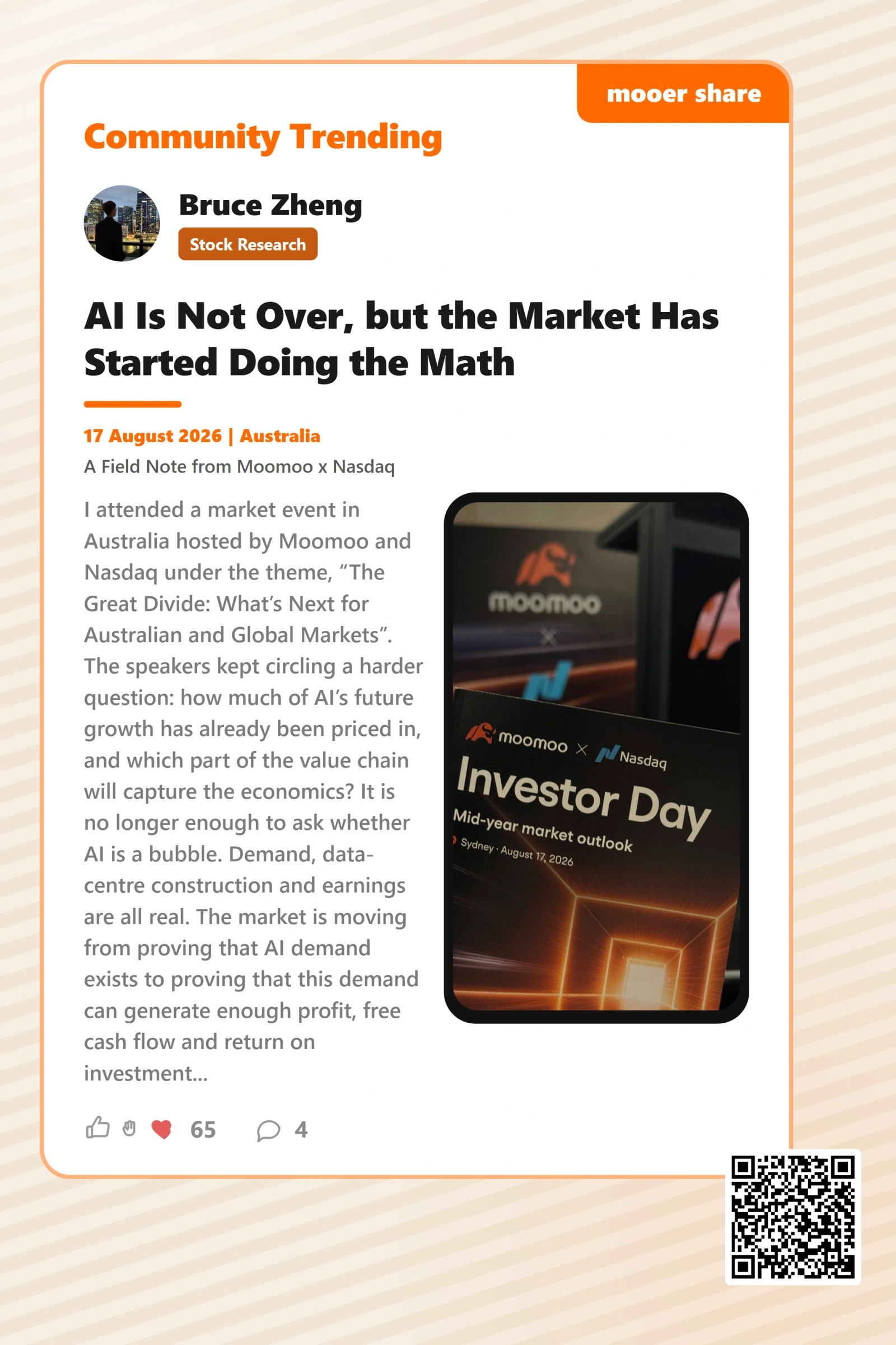 เมื่อไม่นานมานี้ เราได้จัดงาน Moomoo x Nasdaq Investor Day ครั้งแรกขึ้น ซึ่งเป็นวันที่เต็มไปด้วยความรู้และพลังงานดีๆ อย่างมาก! ผู้คนมาร่วมงานกันจนเต็มพื้นที่ โดยความกระตือรือร้นของเหล่านักลงทุนนั้นยอดเยี่ยมเกินกว่าที่เราคาดไว้เสียอีก ผู้เข้าร่วมงานได้รับโอกาสที่หาได้ยากในการพูดคุยเจาะลึกแบบตัวต่อตัวกับหัวหน้านักเศรษฐศาสตร์จาก Nasdaq รวมถึงผู้เชี่ยวชาญด้านตลาดและนักลงทุนท่านอื่นๆ ขอขอบคุณลูกค้าทุกท่านที่มาร่วมงานกับเราด้วยตัวเองและทำให้งานนี้เกิดขึ้นได้ สำหรับใครที่พลาดโอกาสนี้ไป...