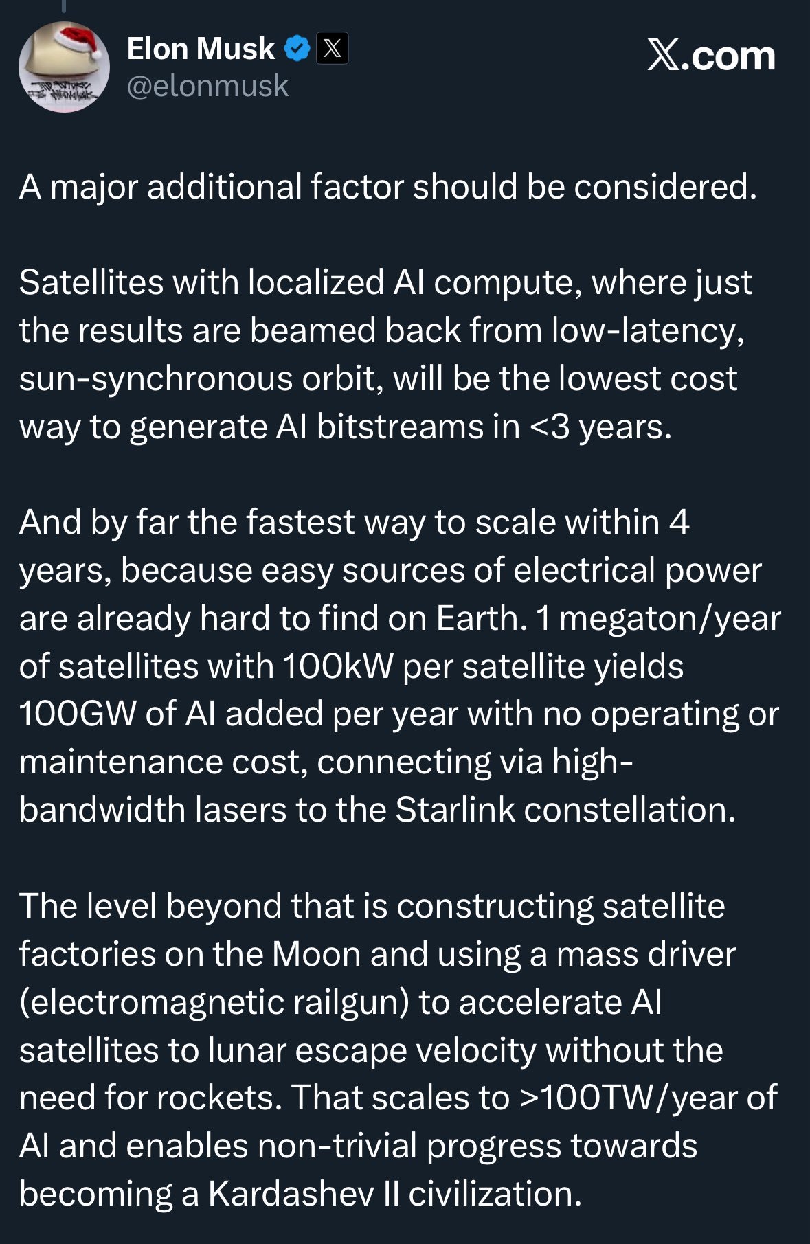 太空AI？！？！ 埃隆·马斯克刚刚说了这个： “带有本地化AI计算功能的卫星，只需将结果从低延迟、太阳同步轨道传回，... - moomoo 社区