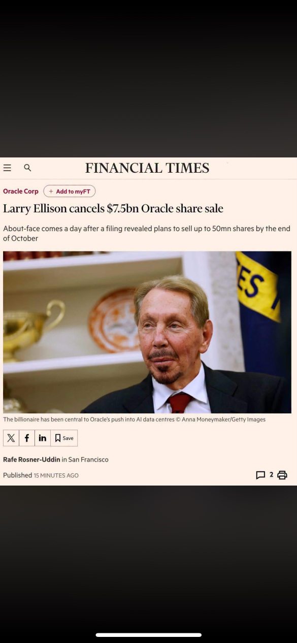 Larry Ellison กลับลำกะทันหัน: ยกเลิกการขายหุ้น Oracle มูลค่า 7.5 พันล้านดอลลาร์ หลังโดน Wall Street ต้านหนัก