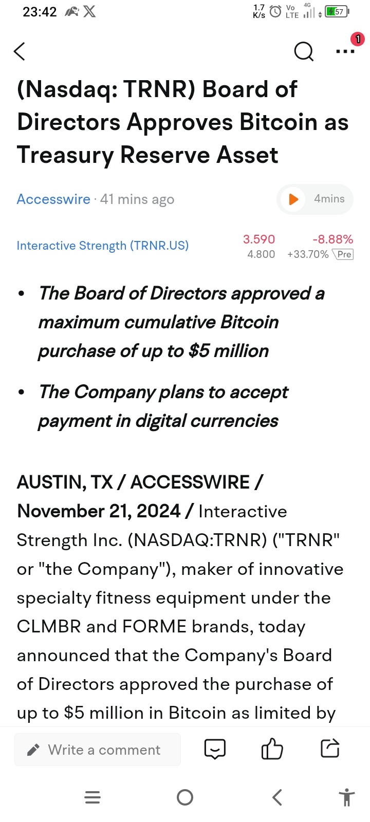 $Interactive Strength (TRNR.US)$ buy it 5 M $ dollars of bitcoin  plus approve bitcoin for payment and other cryptocurrency