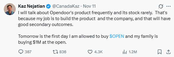 Opendoor：內部人士買入+認股權證分紅=潛在的空頭擠壓與期權策略設置