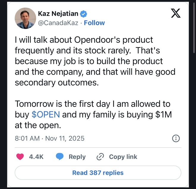 Kaz在Opendoor股價爲8美元時買入了1百萬股