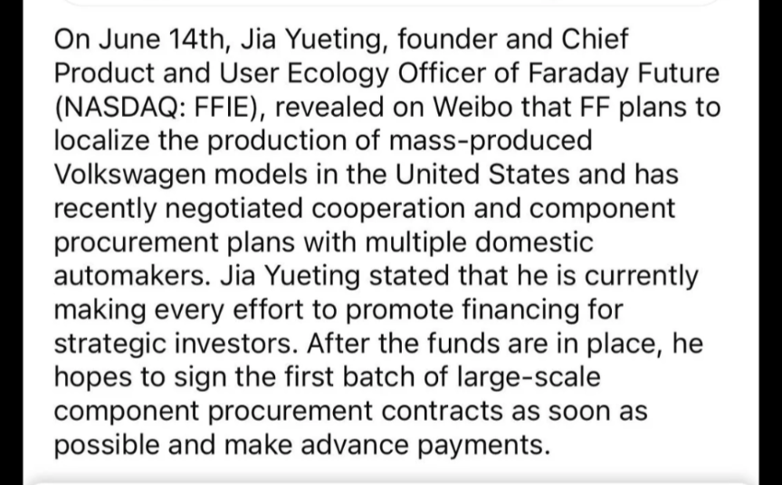 $FFIE.US$ 不要因为熊市、空头基金和对冲基金而灰心丧气，他们都想花几分钱买入你的股票。查看以下最新消息，如果这对你来说还不够乐观，那我不知道是什么