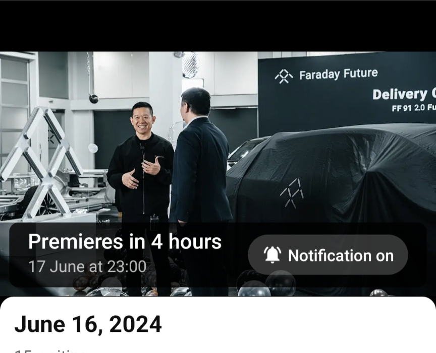 $Faraday Future Intelligent Electric Inc. (FFIE.US)$ 亞特佳將在 4 小時內在他的 YouTube 頻道上直播