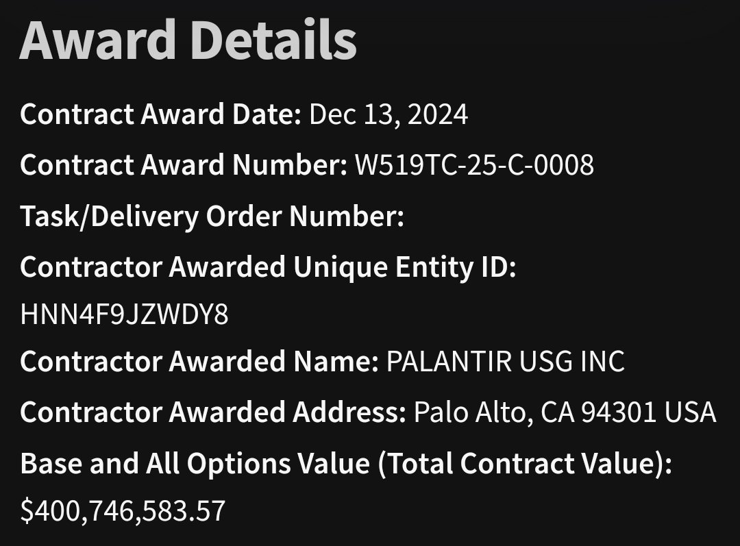 $Palantir (PLTR.US)$ 陆军Vantage系统奖项 Palantir签署了一份相当大的新合同，金额为$400,746,583.57