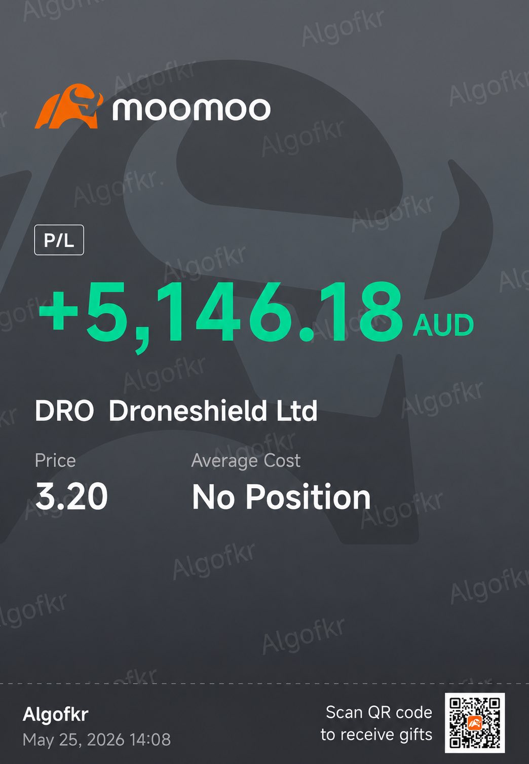DROは本当に期待を裏切らないな。10万ドルのスイングトレードで決済完了。来週末まではこの銘柄には手を出さない。金曜のAGM(年次総会)はどちらに転ぶか分からない:契約発表、ASIC(オーストラリア証券投資委員会)関連の噂、CEOコメントなど材料は揃っている。