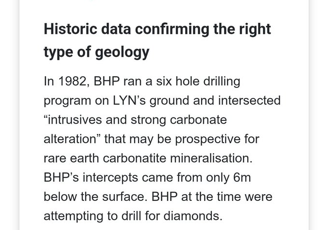 也很有趣的是要注意的 $BHP Group Ltd (BHP.AU)$ 1982 年鑽了這些目標中的一些尋找鑽石，並鑽了一種強大的碳酸鹽系統，但當然從未測試 REE 鎳氫。但是，鑽探的風險大幅降低 $Lycaon Resources Ltd (LYN.AU)$ 知道這一點。