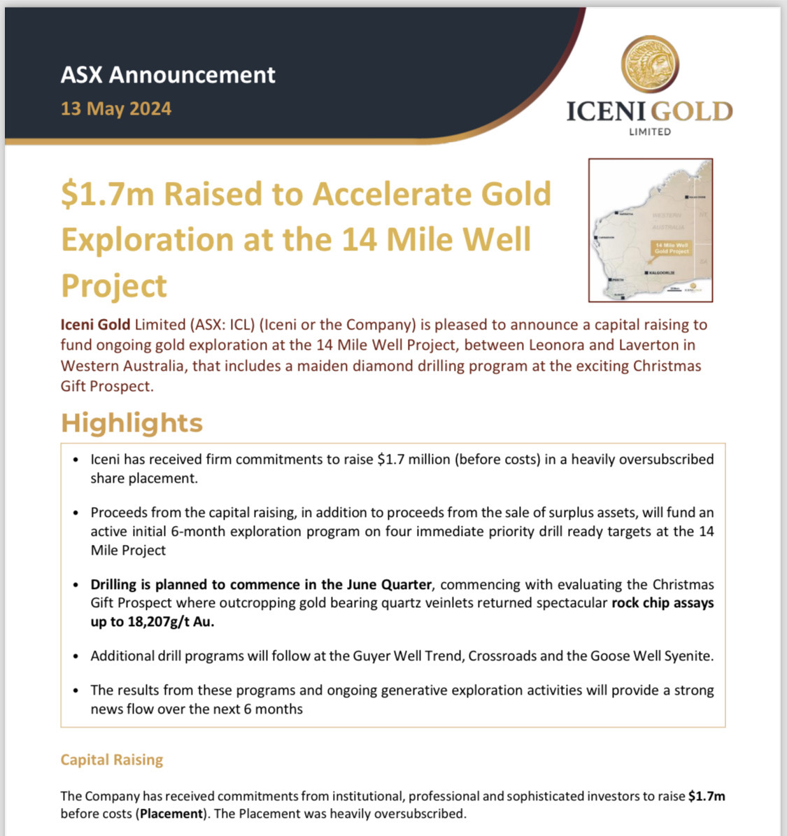 用於進行壯觀的高級發現和勘探進行黃金勘探的過度認購基金將在未來 6 個月的 ICL（Iceni Gold）提供強勁的新流量並獲利