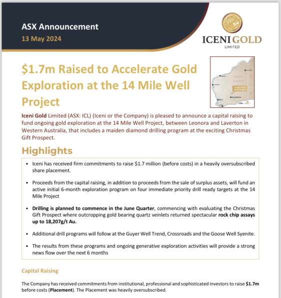 Oversubscribed fund used to ongoing Gold exploration at spectacular high grade discoveries and exploration will provide and profit a strong new flows for the next 6 months on ICL (Iceni Gold)