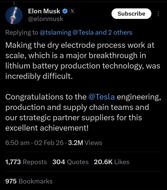 Elon Musk says Tesla has solved dry electrode battery manufacturing at scale