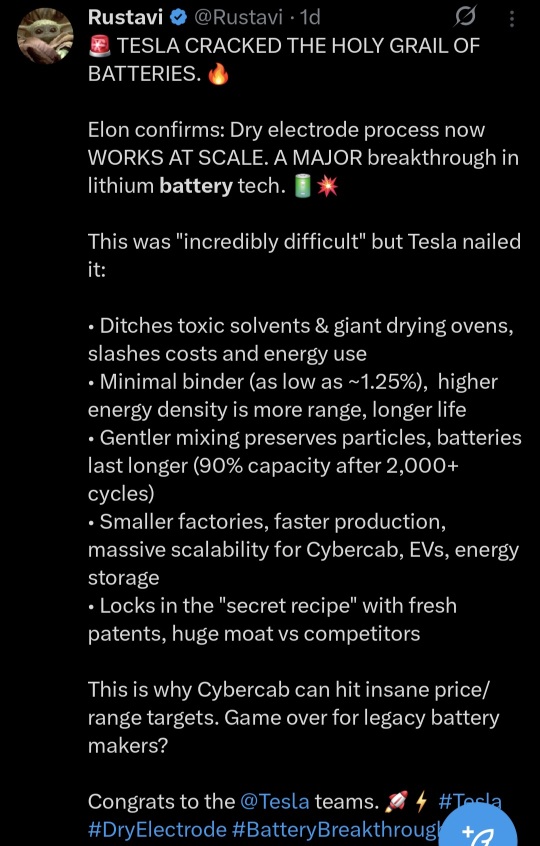 Elon Musk says Tesla has solved dry electrode battery manufacturing at scale