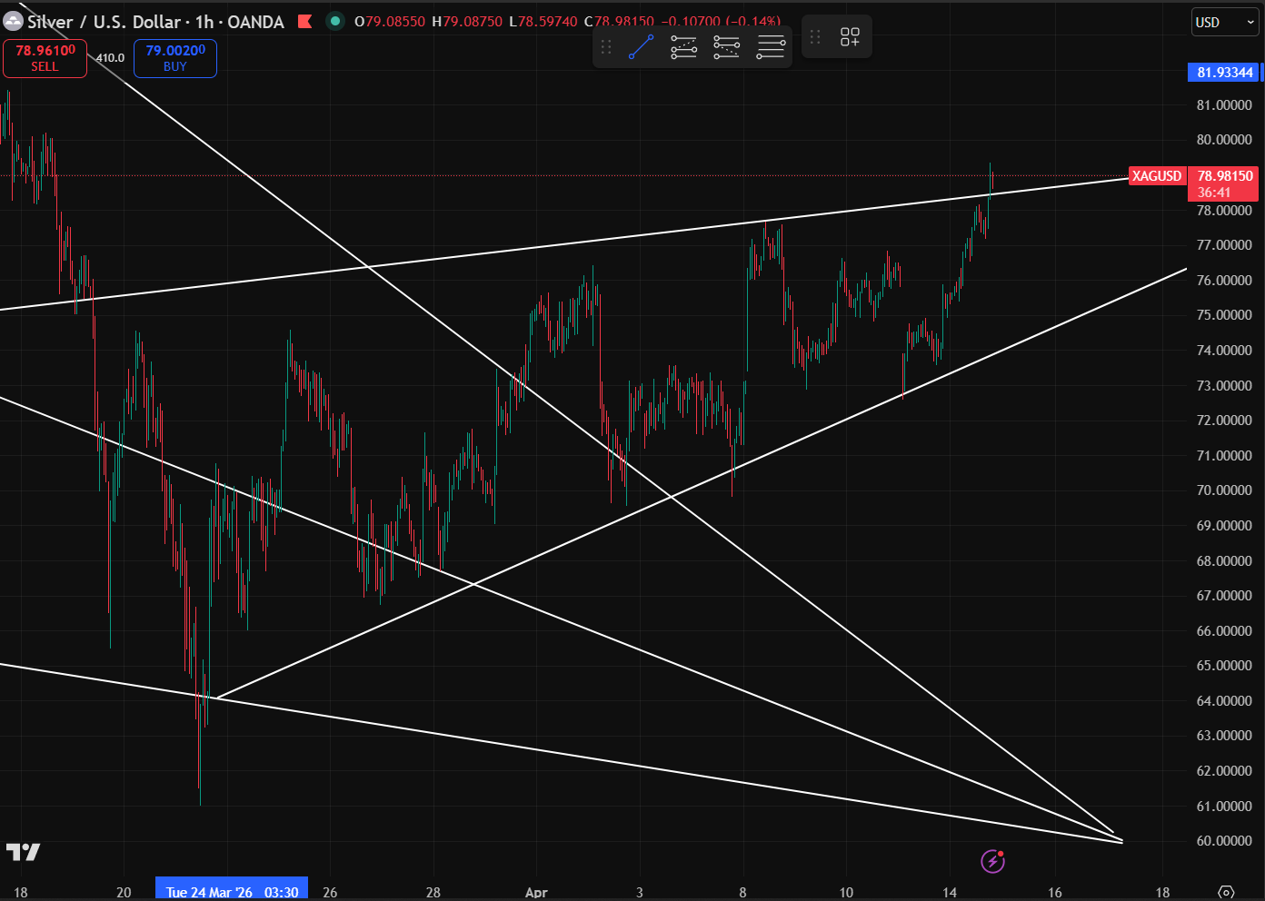 $白銀/美元 (XAGUSD.FX)$ 和之前一樣的圖表，只是調整爲1小時，我們突破了趨勢線。我之前就預測到了，$79 很不錯，對吧！
