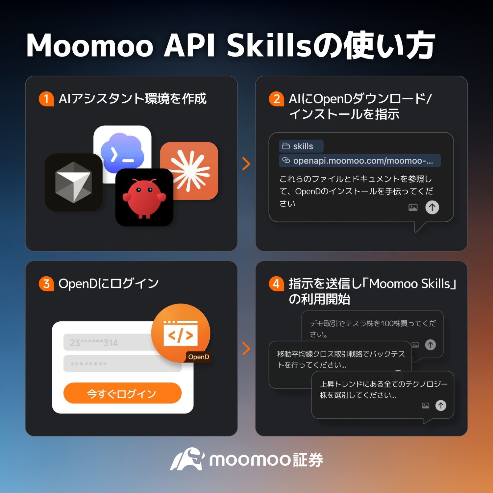 เปลี่ยน AI ให้เป็น “เทรดเดอร์ที่ทำงานได้ตลอด 24 ชั่วโมงแบบไม่รู้จักเหน็ดเหนื่อย” จบครบเรื่องการเทรดอัตโนมัติได้ง่ายๆ แค่ผ่านแชท ฟีเจอร์พรีเมียม เปิดให้ใช้ฟรีแล้วตอนนี้! “วางกลยุทธ์การลงทุนไว้ แต่ไม่แน่ใจว่ามันจะใช้ได้ผลจริงหรือเปล่า...” “ต้องสลับไปมาหลายแอปเพื่อวิเคราะห์แล้วค่อยกดเทรด... เริ่มจะไม่ไหวแล้ว” ถ้าคุณกำลังเจอปัญหาเหล่านี้อยู่ สิ่งเหล่านี้กำลังจะกลายเป็นอดีตครับ วันนี้,ทักษะการใช้งาน Moomoo API เปิดตัวอย่างเป็นทางการแล้ว! จากเดิมที่การเทรดอัตโนมัติ (Auto Trade) เคยเป็น “สิทธิพิเศษ” เฉพาะกลุ่มคนที่เชี่ยวชาญด้านการเขียนโปรแกรมเท่านั้น แต่วันนี้ใครๆ ก็เข้าถึงได้แล้ว เพียงแค่ติดตั้ง Skills นี้ลงใน AI Agent ของคุณ AI ก็จะอัปเกรดเป็น “เอเยนต์การลงทุน” ที่พร้อมทำงานให้คุณตลอด 24 ชั่วโมงทันที แค่สั่งงานด้วยภาษาพูด (Natural Language) ผ่านแชท AI ก็จะจัดการรันตามคำสั่งให้ทันที 🤖 「Moomoo AI」 กับ 「AI Agent + Skills」 ต่างกันยังไง? ความแตกต่างของแต่ละแบบมีดังนี้ครับ ลองเลือกสไตล์ที่เหมาะกับคุณดูนะ ...