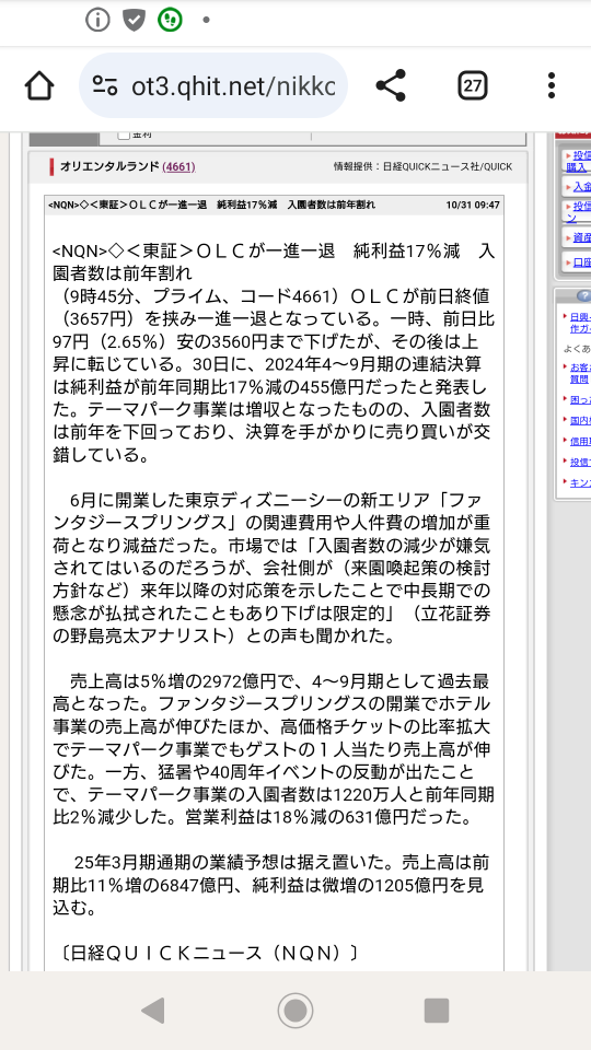 夢の国、株価下落