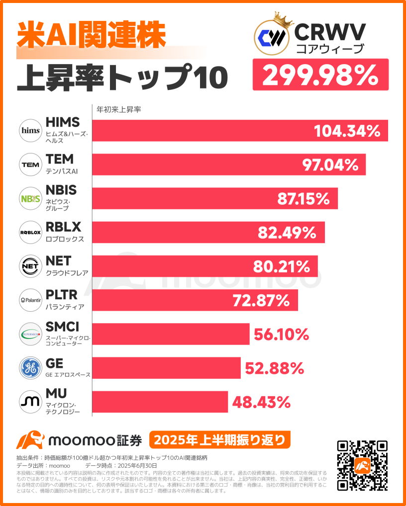 【2025年上半年回顾】美国人工智能相关股票「最强的10种股票」是哪些？今年上涨300%也是可能的！下半年还会有进一步的飞跃吗？