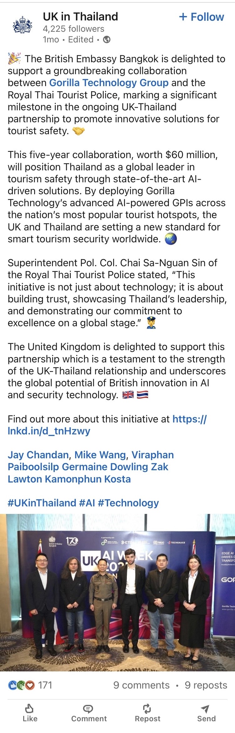 [Image Update] Post from the LinkedIn account of the United Kingdom Embassy in Thailand.