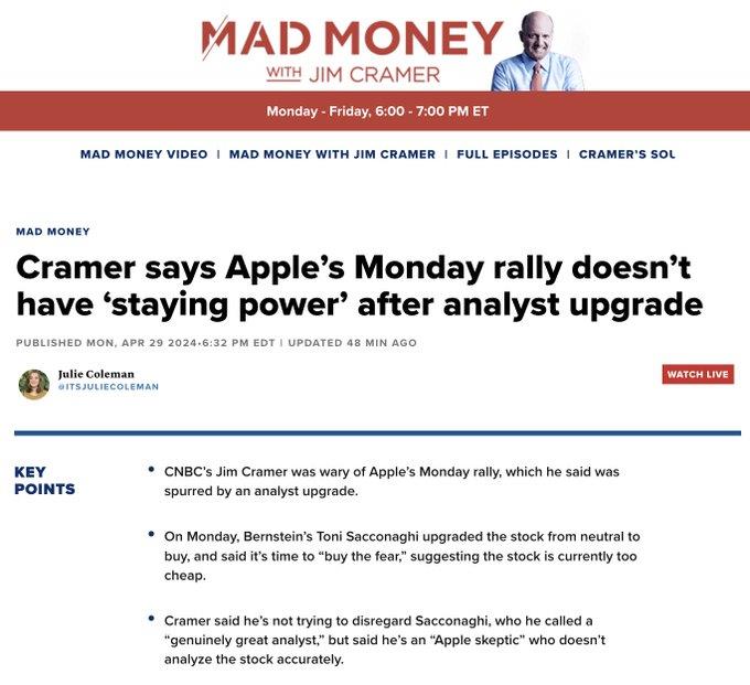 Jim Cramer's today's$Apple (AAPL.US)$I just mentioned that the AAPL dollar is wary of rising, but I said it was fueled by analysts' upgrades. He said profits wo...
