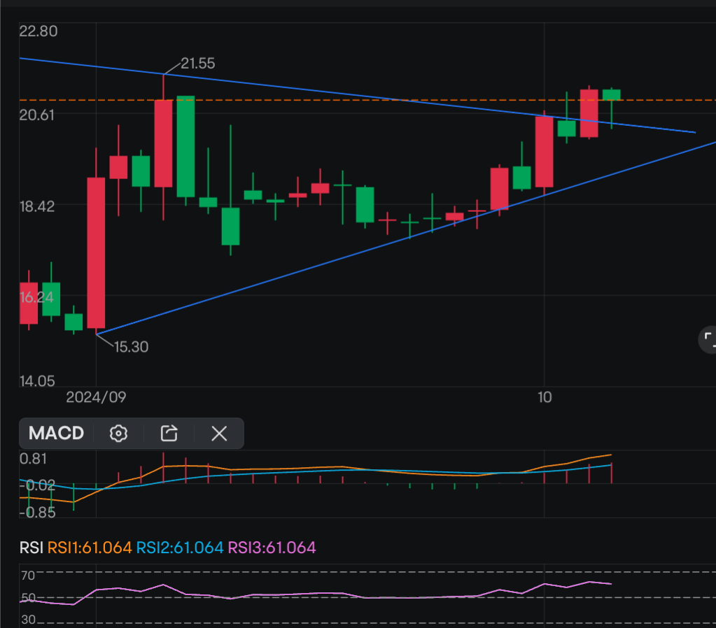 $VIX指数主连(2410) (VXmain.US)$ 三角形窄幅整理突破，并作为支撑位反弹 VIX并没有迹象显示大幅上涨