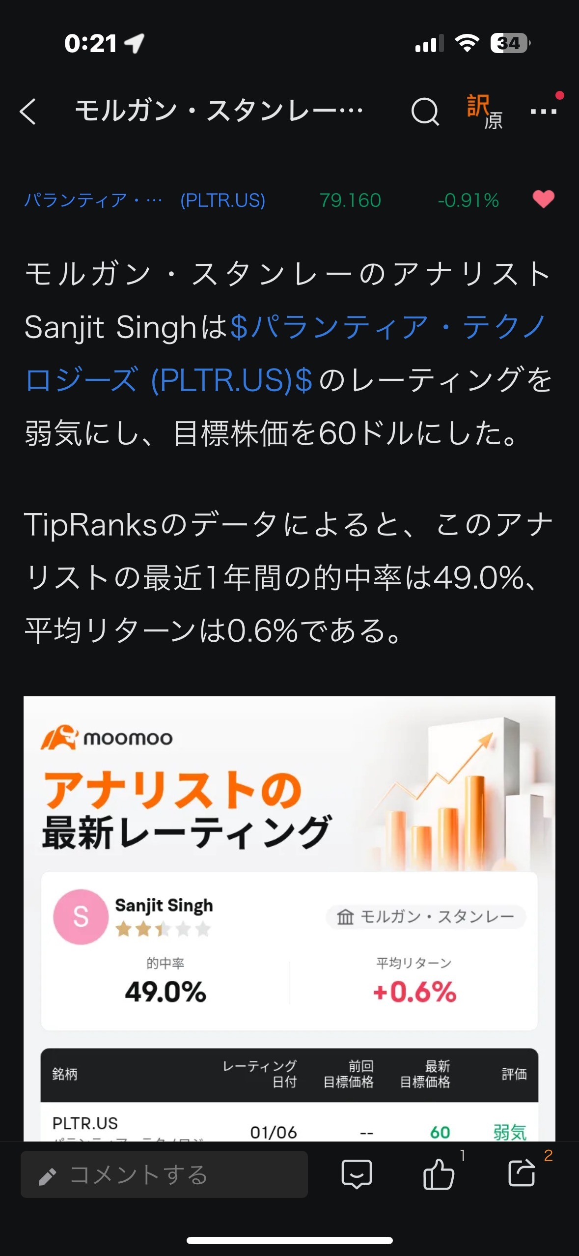 $パランティア・テクノロジーズ (PLTR.US)$ モルガンのアナリスト的中率半分もいってない、、、