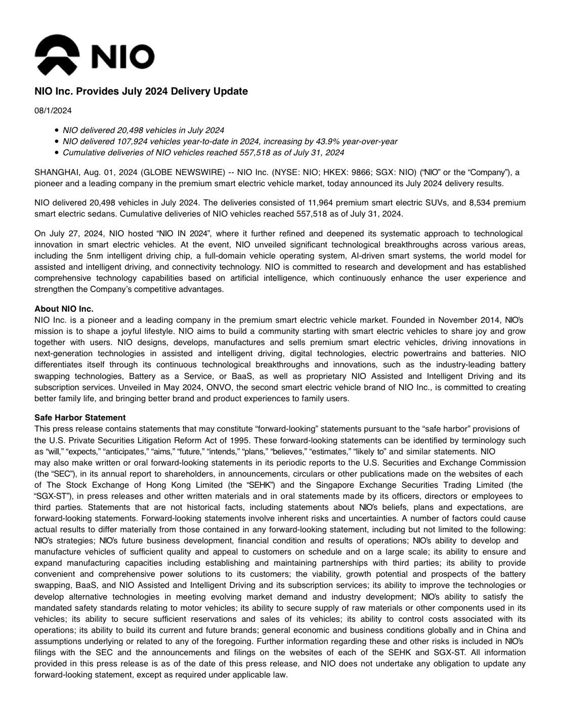$NIO 在 2024 年 7 月交付了 20,498 辆汽车！