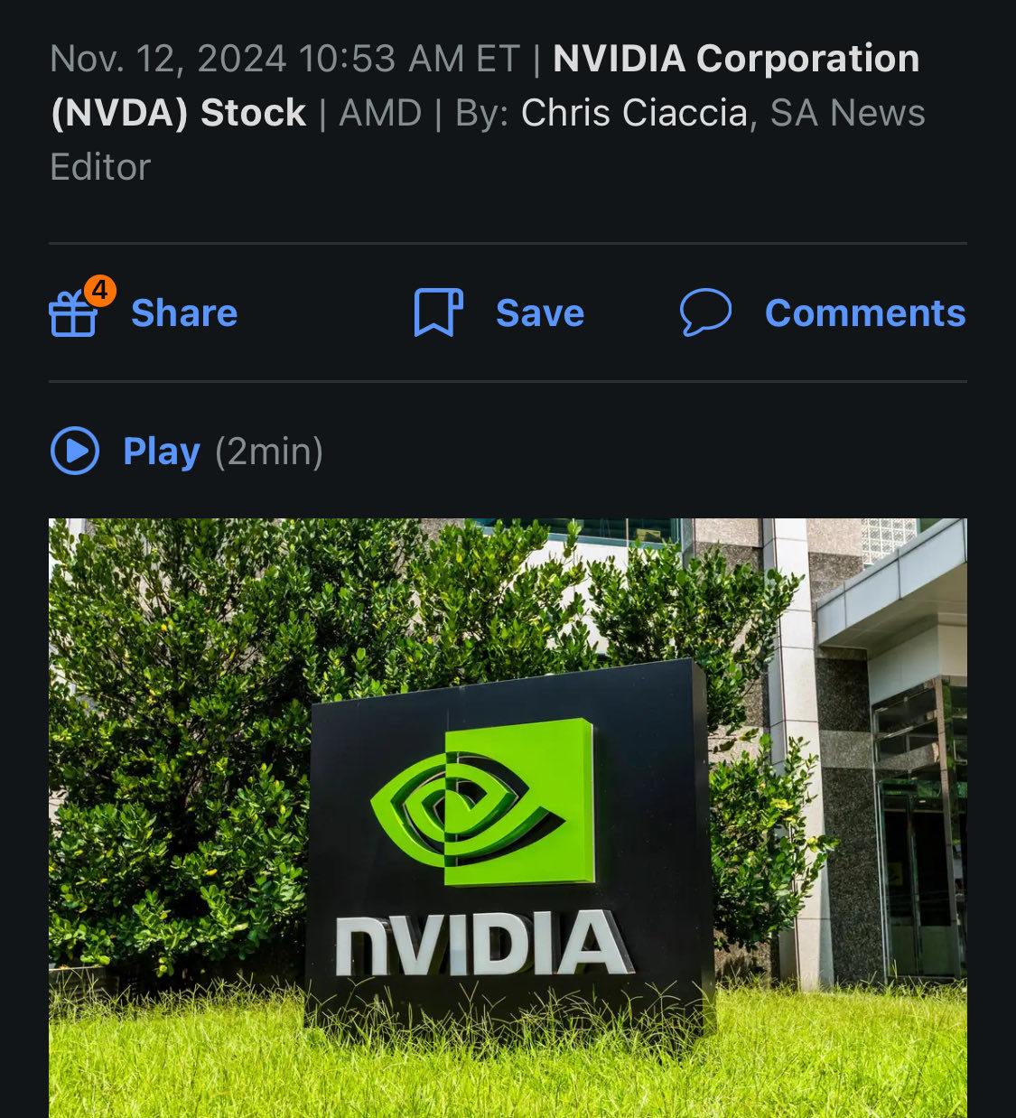 Nvidiaは、AIの強さで収益に先んじて、みずほが目標価格を引き上げたため上昇しています。