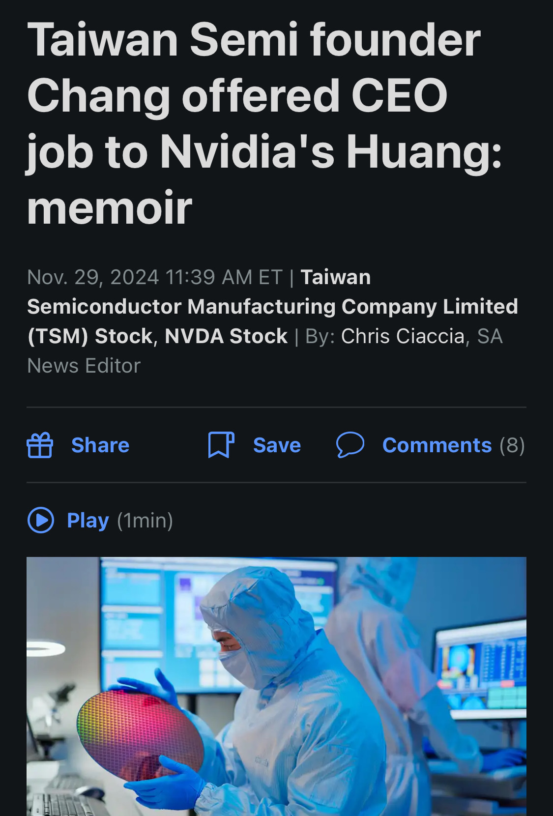 Taiwan Semicon Founder Chang Offers CEO Position to NVIDIA's Mr. Huang: A Memoir