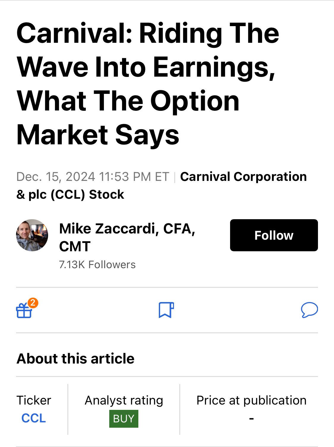 Carnival: Riding the waves to profits, as the options market suggests.