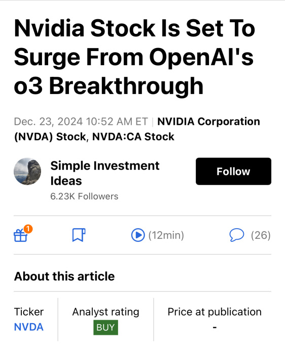 Nvidia's stock price is sharply rising due to the o3 breakthrough from OpenAI.